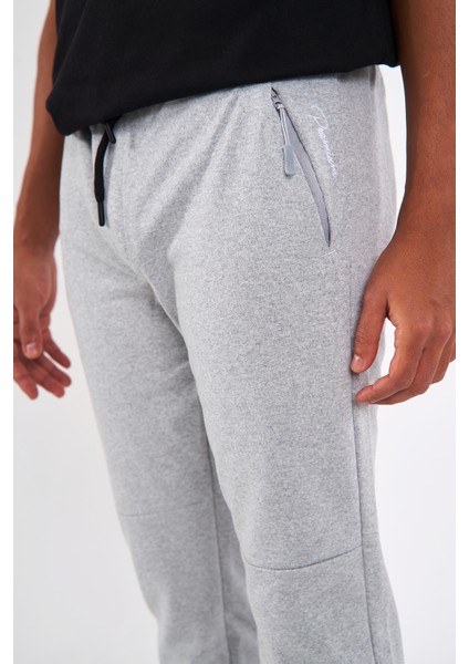 Erkek Gri Slim Fit Jogger Cep Nakış Fermuar Detaylı Eşofman Altı