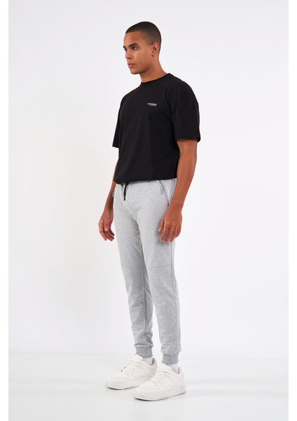 Erkek Gri Slim Fit Jogger Cep Nakış Fermuar Detaylı Eşofman Altı