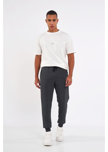 Erkek Antrasit Slim Fit Jogger Cep Nakış Fermuar Detaylı Eşofman Altı