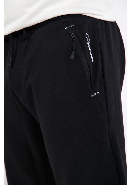Erkek Siyah Slim Fit Jogger Cep Nakış Fermuar Detaylı Eşofman Altı fırsatları
