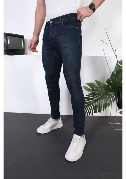 Erkek Lacivert Slim Fit Dar Kesim Jeans Kot Pantolon