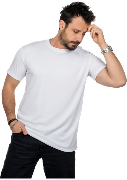 Aşırı Terleme Önleyici Beyaz Bisiklet Yaka Erkek T-Shirt, Ter Sızdırmaz, Çift Katmanlı
