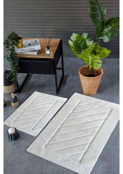 Hcw Cross Ekru %100 Pamuk Viskon 2 Parça Banyo Paspas Seti 40*60+60*100 cm