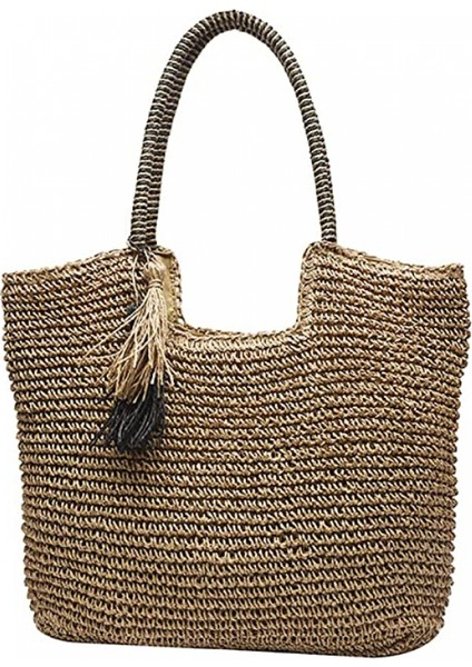 Kadınlar Için Hasır Omuz Çantası, Büyük Hasır Çanta Örgü El Yapımı Kolu Tote Çanta Yaz Plaj Hasır Çanta Bohemian Crossbody Çanta (Yurt Dışından)