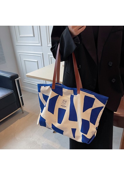 Mavi Kadın Çantası Yeni Moda Kore Versiyonu Çantası Büyük Kapasiteli Banliyö Kanvas Çanta Basit Doku Omuz Çantası Niş (Yurt Dışından)