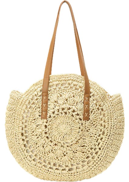 Hasır Çanta Kadın El Dokuma Yuvarlak Mısır Hasır Çanta Doğal Şık El Büyük Yaz Plaj Tote Dokuma Kolu Omuz Çantası (Yurt Dışından)