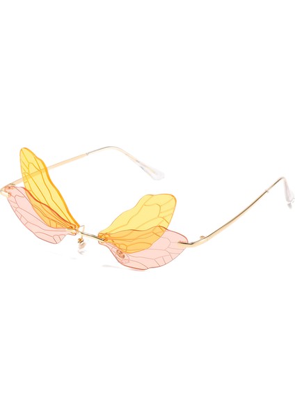 Avekı Dragonfly Stil Güneş Gözlüğü Çerçevesiz Çerçevesiz Düzensiz Gözlük Kadınlar Için Vintage Gözlük Parti Kaynağı, Gd-Sarı-Kırmızı (Yurt Dışından)