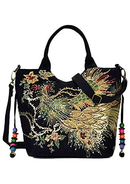 Puyang Kadın Payetler Tavuskuşu Nakış Etnik Çanta Crossbody Çanta Bayanlar Kanvas Tote Omuz Çantası Kolye ile (Siyah) (Yurt Dışından)