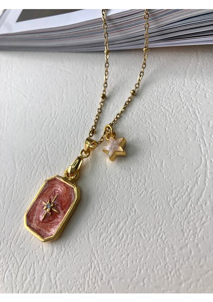 Atelier Deep Pembe Kuzey Yıldızı Sedef Yıldız Klasik Zincir Gold Çelik Tasarım Kolye DRN05036