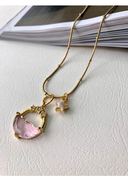 Atelier Deep Pembe Taşlı Yıldız Sedef Yıldız Dorika Zincir Gold Çelik Tasarım Kolye DRN05031