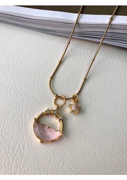 Atelier Deep Pembe Taşlı Yıldız Sedef Yıldız Dorika Zincir Gold Çelik Tasarım Kolye DRN05031