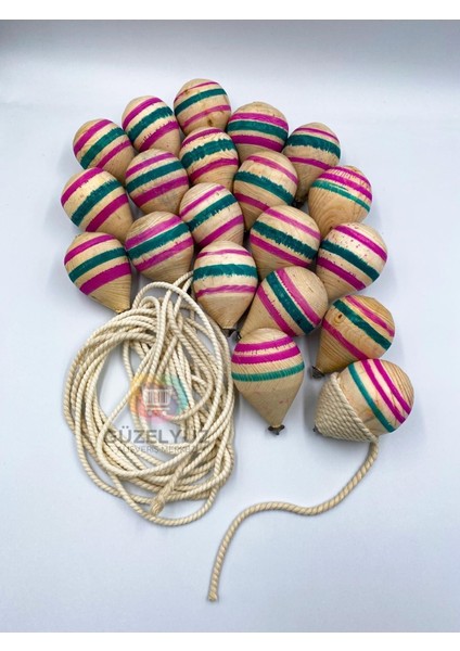 20ADET Ahşap Topaç Nostaljik Oyuncak Doğal Çocuk Oyuncağı 1,5 Metre Ipli Fıtça Oyunu Fırıldak Topacı