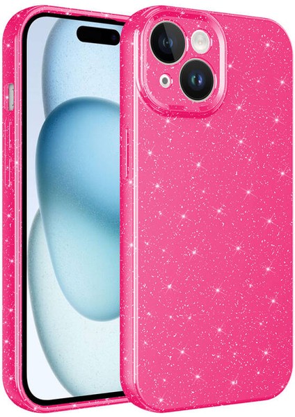 Apple iPhone 15 Kılıf Koton Simli Silikon Arka Kapak Kamera Korumalı Pembe Koyu