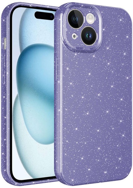 Apple iPhone 15 Kılıf Koton Simli Silikon Arka Kapak Kamera Korumalı Mor
