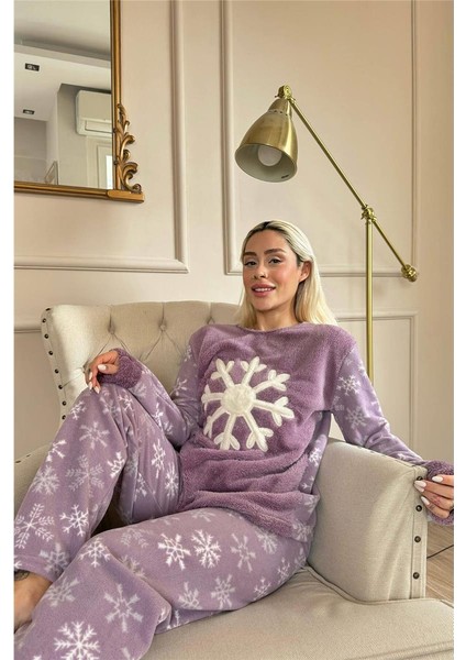 Mor Snefnug Desenli Kadın Peluş Pijama Takımı modelleri