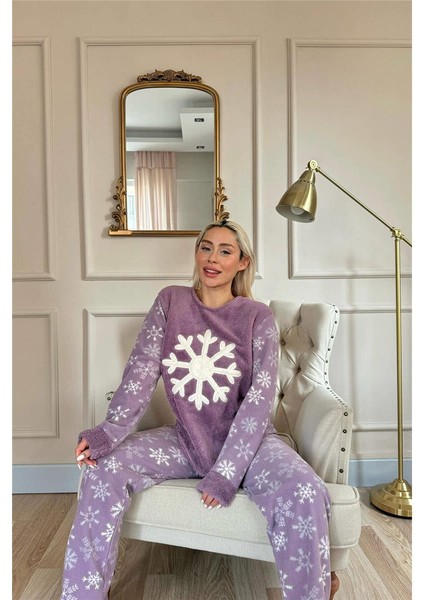 Mor Snefnug Desenli Kadın Peluş Pijama Takımı fırsatları