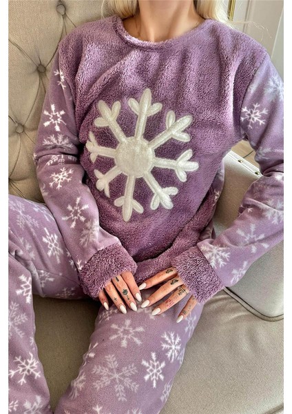 Mor Snefnug Desenli Kadın Peluş Pijama Takımı indirimleri