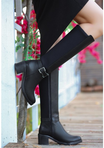 Yandan Fermuarlı Topuklu Diz Altı Çizme Cilt Siyah Topuk Boyu 5 cm fiyatları