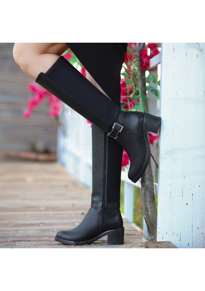 Yandan Fermuarlı Topuklu Diz Altı Çizme Cilt Siyah Topuk Boyu 5 cm indirimleri