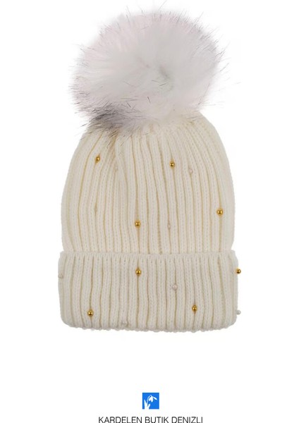 Kaliteli, Kadınlar Için Örgü , Taşlı Ponponlu Bere