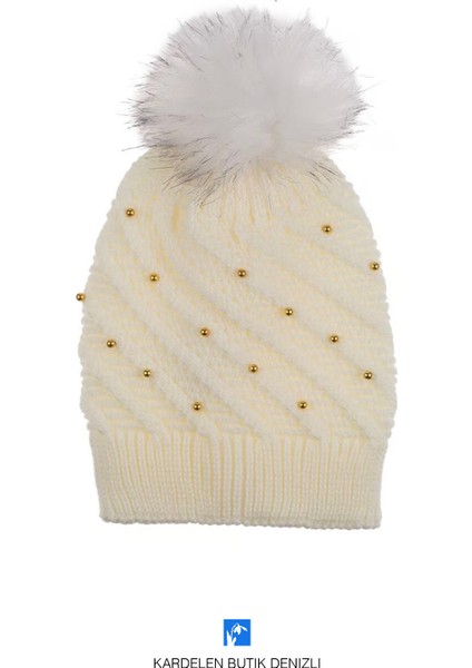 Kaliteli, Kadınlar Için Örgü , Incili Taşlı Ponponlu Bere