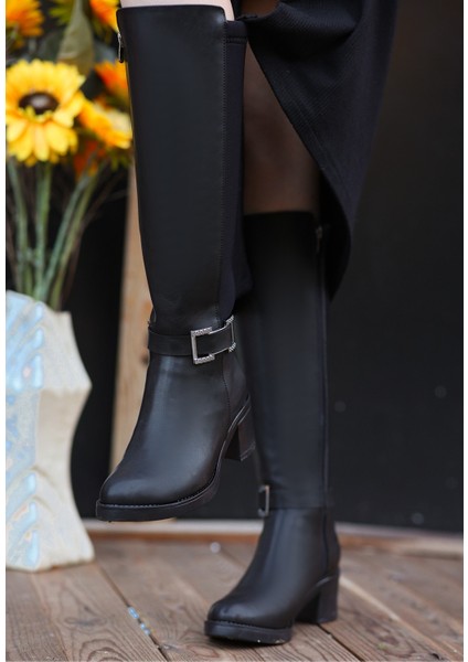 Yandan Fermuarlı Topuklu Diz Altı Çizme Cilt Siyah Topuk Boyu 5 cm modelleri