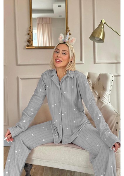 Gri Eclipse Desenli Önden Düğmeli Peluş Polar Pijama Takımı