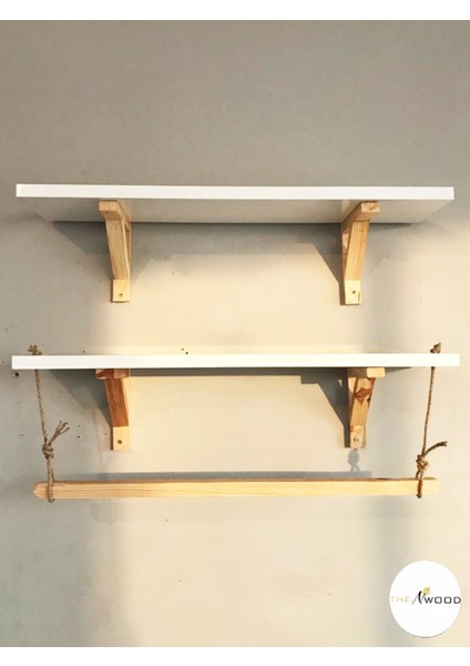 Halatlı Askılı Ahşap Beyaz Dekoratif Duvar Rafı Derinlik 15 cm 2'li