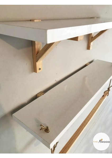 Halatlı Askılı Ahşap Beyaz Dekoratif Duvar Rafı Derinlik 15 cm 2'li modelleri