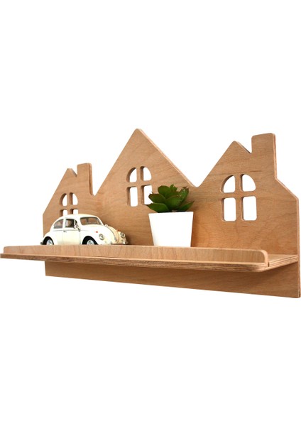 Montessori Ev Şeklinde Duvar Rafı Bebek Çocuk Odası Doğal Ahşap 50 cm Yapıştırılabilir