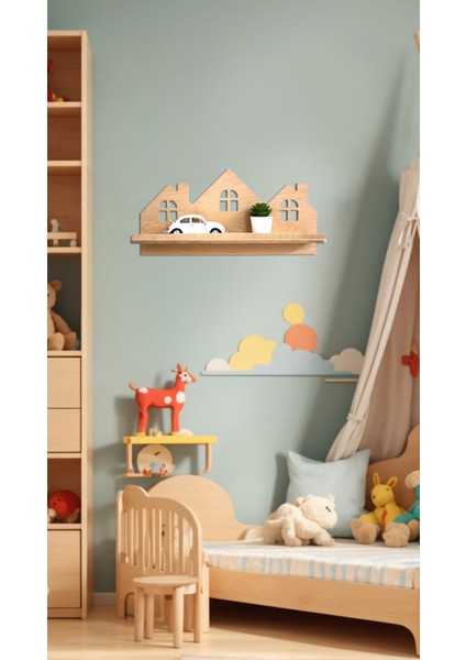 Montessori Ev Şeklinde Duvar Rafı Bebek Çocuk Odası Doğal Ahşap 50 cm Yapıştırılabilir fiyatları