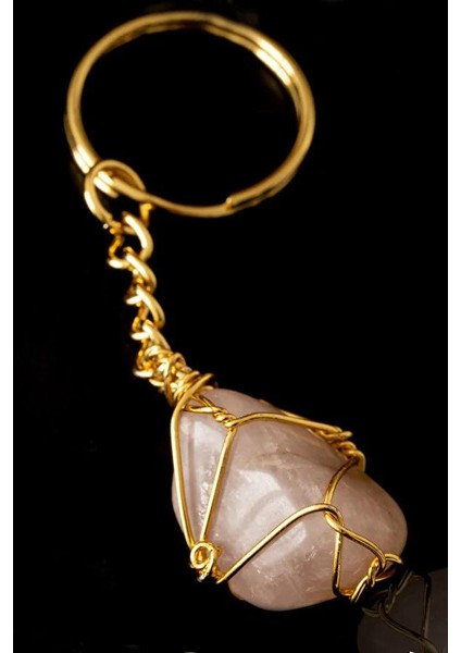 Sertifikalı Tel Sargılı Açık Pembe Kuvars Taşı Anahtarlık - Altın Kaplama