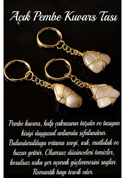 Sertifikalı Tel Sargılı Açık Pembe Kuvars Taşı Anahtarlık - Altın Kaplama fiyatları