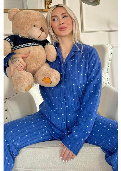 Lacivert Lune Desenli Önden Düğmeli Peluş Polar Pijama Takımı