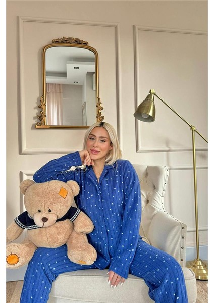 Lacivert Lune Desenli Önden Düğmeli Peluş Polar Pijama Takımı