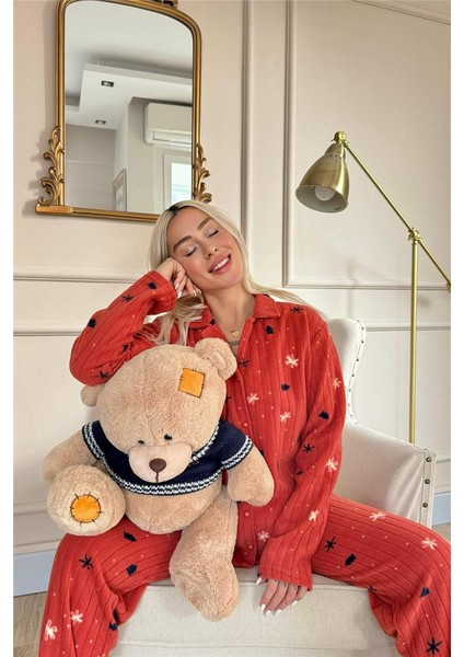 Kiremit Çam Desenli Önden Düğmeli Peluş Polar Pijama Takımı