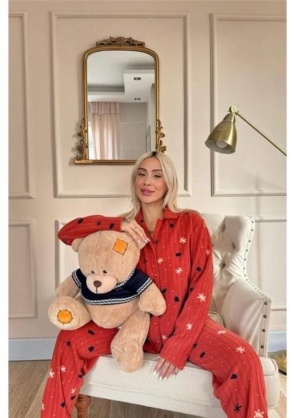 Kiremit Çam Desenli Önden Düğmeli Peluş Polar Pijama Takımı