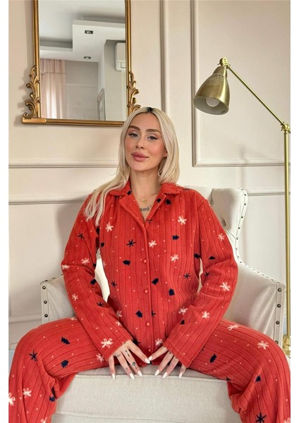 Kiremit Çam Desenli Önden Düğmeli Peluş Polar Pijama Takımı fiyatları