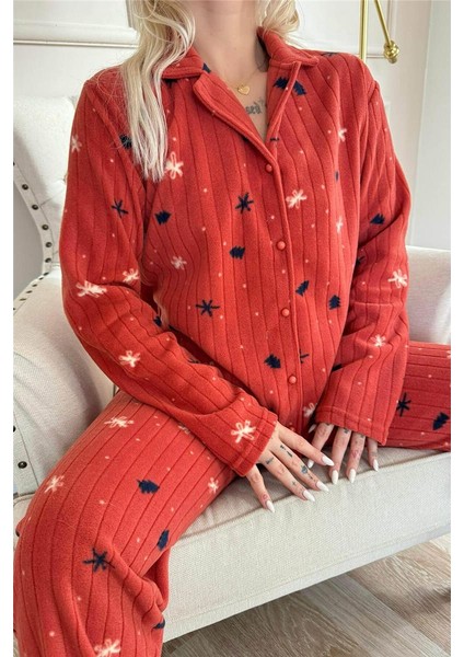 Kiremit Çam Desenli Önden Düğmeli Peluş Polar Pijama Takımı indirimleri