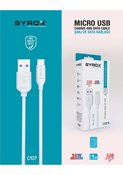 C107 Micro USB Girişli 18W 3.0A Hızlı Şarj ve Data Kablosu