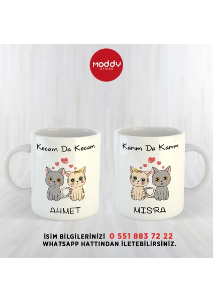 Moddy Store 2'li Karımda Karım - Kocamda Kocam Kedi Baskılı Çift Bardağı, Sevgiliye Kupa Bardak