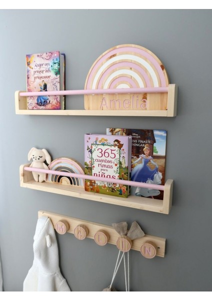 60 cm 2 Adet Pembe Yuvarlak Çıtalı Raf Montessori Kitaplık Çocuk Odası Aksesuar