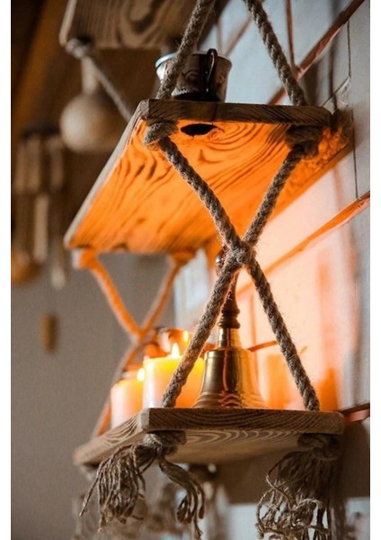 Ithal Sibirya Çam Ağacından Ahşap Dekoratif Özel Işlem 3'lü Halatlı Raf Kitaplık Saksılık Çiçeklik