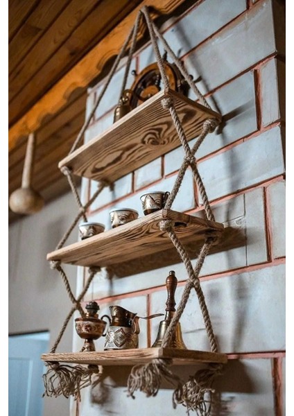 Ithal Sibirya Çam Ağacından Ahşap Dekoratif Özel Işlem 3'lü Halatlı Raf Kitaplık Saksılık Çiçeklik fiyatları