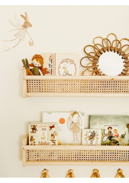 Ahşap Hazeran Rattan Duvar Rafı Şık Çocuk Odası Montessori Kitaplık fiyatları