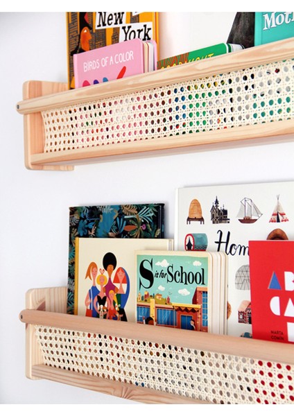 Ahşap Hazeran Rattan Duvar Rafı Şık Çocuk Odası Montessori Kitaplık modelleri