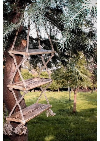 Ithal Sibirya Çam Ağacından Ahşap Dekoratif Özel Işlem 3'lü Halatlı Raf Kitaplık Saksılık Çiçeklik modelleri