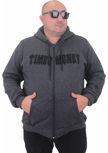 Mocgrande Fermuarlı Kapuşonlu Büyük Beden Sweat Time Money 23218 Antrasıt