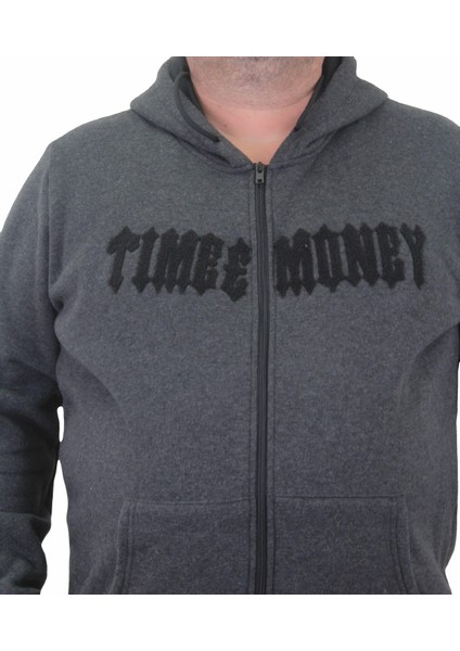 Mocgrande Fermuarlı Kapuşonlu Büyük Beden Sweat Time Money 23218 Antrasıt fırsatları