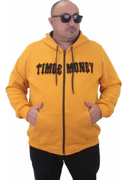 Mocgrande Fermuarlı Kapuşonlu Büyük Beden Sweat Time Money 23218 Hardal